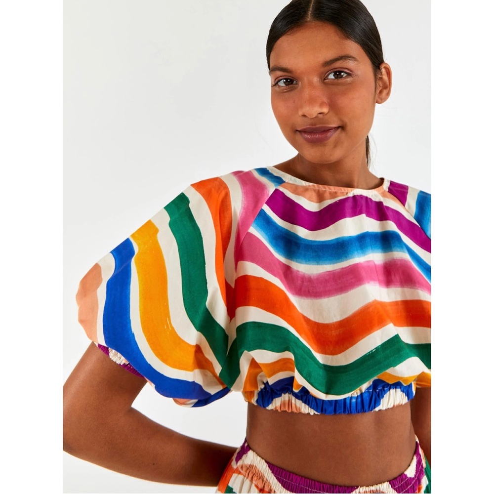 Farm Rio Dancing Stripes Crop Top Colorful Puff Sleeves Tropical Summer Vacation